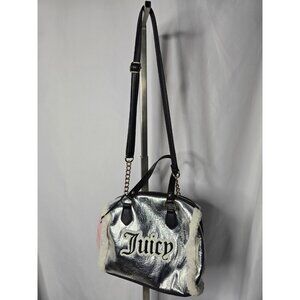 JUICY COUTURE Shear Genius Barrel Satchel Top Handle Logo Silver- FLAWS READ